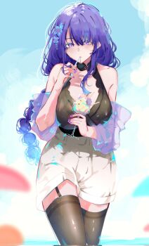 1girl alternate_costume bare_shoulders beach black_thighhighs blunt_bangs blurry blurry_background braid breasts cleavage cloud cloudy_sky collarbone commentary cup english_commentary food food_in_mouth genshin_impact gradient_hair head_tilt highres holding holding_cup huge_breasts ice_cream jacket light_blush long_braid long_hair long_sleeves looking_at_viewer multicolored_hair ocean off_shoulder open_clothes open_jacket outdoors purple_eyes purple_hair purple_jacket raiden_shogun raven_mido see-through_clothes see-through_jacket shade shorts single_braid sky sleeveless solo standing sundae thighhighs upper_body water wet