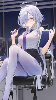 1girl alternate_breast_size_(larger) alternate_costume bare_shoulders black_shoes black_skirt blush breasts chair closed_mouth collared_shirt colored_eyelashes commentary earrings hair_intakes hair_ornament hair_over_one_eye halloween high_heels highres holding holding_pen indoors jewelry large_breasts looking_at_viewer mornye_(wuthering_waves) necktie on_chair panties pen prosthesis prosthetic_leg purple_necktie purple_panties red_eyes shirt shirt_tucked_in shoes skirt solo swivel_chair triangle_earrings underwear upskirt white_shirt wuthering_waves yuxian_youka