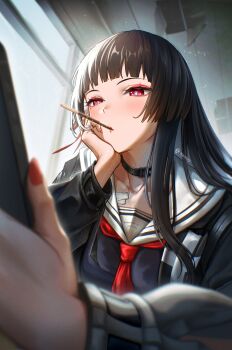 1girl absurdres black_choker black_hair black_jacket black_shirt blurry blurry_foreground blush cellphone chisa_(wuthering_waves) choker collarbone commentary fingernails food food_in_mouth head_rest highres holding holding_phone indoors jacket kenn_artz long_hair long_sleeves looking_at_phone nail_polish phone pocky pocky_in_mouth red_eyes red_nails sailor_collar shirt smartphone solo white_sailor_collar wuthering_waves