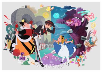 2girls alice_(disney) alice_in_wonderland_(disney) apron blonde_hair blue_dress blue_eyes bow cat child disney dress female hairband highres jack_heart long_hair marfie multiple_girls pantyhose ribbon shoes short_sleeves smile tree tsuntsun_(tuuuuuuntun) white_apron