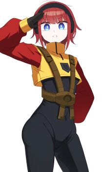 1girl absurdres black_bodysuit black_gloves blue_eyes bodysuit covered_navel cropped_jacket genderswap genderswap_(mtf) gloves highres hot_shot_(transformers) humanization idzuki_kenkyu-in jacket looking_at_viewer parted_lips red_hair salute short_hair smile solo transformers transformers_armada transformers_unicron_trilogy v-shaped_eyebrows white_background yellow_jacket