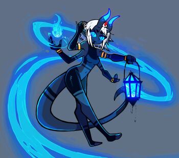 1girl blue_fire extra_arms fire full_body glowing glowing_eyes glowing_horns grey_background holding_lamp horns julian_julif lizard_tail looking_at_viewer navel original short_hair simple_background solo tail white_hair