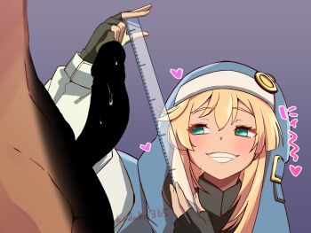 2boys :d black_gloves blonde_hair blue_jacket bridget_(guilty_gear) censored dark-skinned_male dark_skin erection fingerless_gloves gloves green_eyes grin guilty_gear guilty_gear_strive heart highres holding jacket kinokodake large_penis long_sleeves looking_at_penis male_focus measuring measuring_stick medium_hair multiple_boys open_mouth penis penis_measuring purple_background ruler simple_background smile teeth trap yaoi