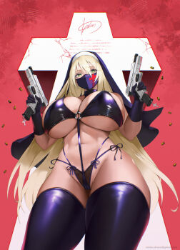 1girl bikini black_bikini black_gloves black_mask black_thighhighs blonde_hair blush breasts cameltoe casing_ejection charm_(object) covered_mouth crack cross cross_pendant curvy dual_wielding finger_on_trigger gloves green_eyes groin gun hair_between_eyes handgun highleg holding holding_gun holding_weapon huge_breasts lace_bikini latex latex_bikini long_hair looking_at_viewer magazine_(weapon) magazine_ejection mask micro_bikini mole mole_under_mouth mouth_mask navel nun o-ring o-ring_bikini o-ring_top open_mouth original red_background red_cross red_sky scripture shell_casing side-tie_bikini_bottom skindentation sky solo swimsuit teeth thighhighs underboob upper_teeth_only veil verien very_long_hair weapon wide_hips