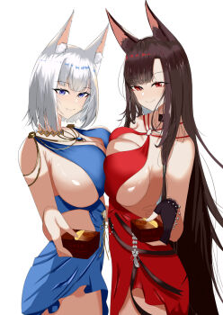 Rule 34 | 2girls, akagi (azur lane), animal ears, azur lane, blue dress, blue eyes, box, breast press, breasts, brown hair, chocolate, choker, dress, eyeshadow, fox ears, fox girl, fox tail, gift, gift box, highres, jewelry, kaga (azur lane), kitsune, ksami, large breasts, looking at viewer, makeup, multiple girls, red dress, red eyes, red eyeshadow, simple background, symmetrical docking, tail, white background, yuri
