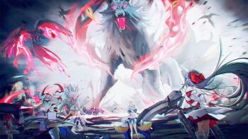 ass ayase_(azur_lane) azur_lane bird breasts fighting fire fox game_cg giant giant_monster highres hitodama horns japanese_clothes miko multiple_girls non-web_source official_art phoenix red_ribbon ribbon rigging scylla_(azur_lane) ship_turret sideboob suzunami_(azur_lane) sword watarase_(azur_lane) water weapon