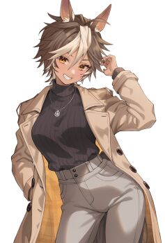1girl absurdres anecokgm animal_ear_fluff animal_ears black_sweater breasts brown_coat brown_eyes brown_hair coat commentary english_commentary grey_pants highres horse_ears horse_girl jewelry long_sleeves multicolored_hair necklace open_clothes open_coat pants ribbed_sweater second-party_source short_hair smile solo streaked_hair sweater tomoe_umari v-dere virtual_youtuber white_hair
