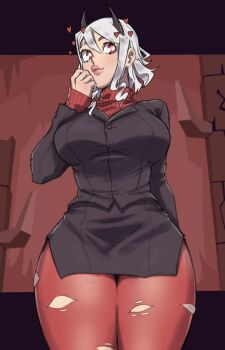 1girl black_horns breasts demon_girl demon_horns heart heart-shaped_pupils hell helltaker highres horns imdsound large_breasts looking_to_the_side modeus_(helltaker) pantyhose pink_lips red_background red_pantyhose red_sweater sweater symbol-shaped_pupils torn_clothes torn_legwear turtleneck turtleneck_sweater white_hair