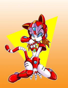 android animal_ears animal_hands armor armored_boots bell bikini_armor boots breastplate brown_hair cat_ears cat_girl cat_paws cat_tail claws forehead_jewel full_armor gauntlets gradient_background green_eyes headphones helmet highres jago_dibuja joints knee_boots kyatto_ninden_teyandee long_eyelashes makeup mechanical_boots midriff neck_bell pururun_(kyatto_ninden_teyandee) red_armor robot_girl robot_joints short_hair shoulder_armor tail tongue tongue_out two-tone_headwear two-tone_helmet