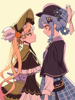 2girls backlighting black_bag black_capelet black_flower black_hat black_rose blonde_hair blue_hair blue_skirt braid braided_hair_rings capelet closed_mouth commentary_request cowboy_shot deerstalker face-to-face flower from_side green_bonnet green_eyes hair_rings hat highres lolita_fashion long_hair long_sleeves mahou_shoujo_no_majo_saiban multiple_girls plaid_clothes plaid_skirt profile rose short_hair simple_background skirt smile standing tachibana_sherry tono_hanna twintails waipiiy yellow_eyes yellow_flower yellow_rose