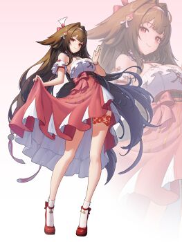 1girl absurdres armband breasts brown_hair droopy_ears frilled_armband frills full_body gradient_background high-waist_skirt highres large_breasts leg_tattoo long_hair long_skirt looking_at_viewer official_alternate_costume red_eyes red_shoes red_skirt retto_7b shirt shoes skirt skirt_hold smile socks solo tail tattoo white_armband white_shirt white_skirt white_socks ye_shunguang ye_shunguang_(touch_of_dawnlight) zenless_zone_zero zoom_layer