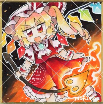 Rule 34 | 1girl, artist name, ascot, blonde hair, brooch, commentary, crystal, crystal wings, dated, drill hair, fang, fire, flaming weapon, flandre scarlet, hat, highres, holding, holding weapon, jewelry, laevatein (touhou), maa (forsythia1729), mary janes, mob cap, multicolored wings, one side up, open mouth, red eyes, red shoes, red skirt, red vest, shikishi, shoes, skirt, skirt set, socks, solo, touhou, traditional media, vest, watermark, watermark grid, weapon, white ascot, white hat, white socks, wings, wrist cuffs