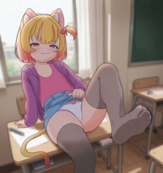 1girl ai-assisted bittycat bittycat_(vtuber) blonde_hair classroom feet loli original panties ponytail school sexually_suggestive side_ponytail solo teasing underwear white_panties