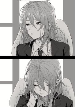 029tintin 1boy angel angel_devil_(chainsaw_man) chainsaw_man closed_eyes closed_mouth collared_shirt commentary_request greyscale hair_between_eyes halo heco_inu highres jacket long_hair looking_to_the_side male_focus monochrome necktie shirt suit_jacket upper_body wings