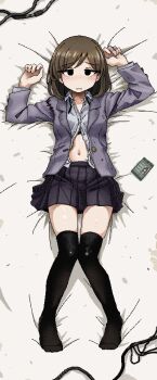 1girl arms_up belly black_eyes black_socks blazer blue_jacket blue_skirt brown_hair collared_shirt dithering empty_eyes from_above full_body hamsterfragment id_card jacket jaggy_lines knees_together_feet_apart looking_at_viewer lying medium_hair navel nervous_smile no_shoes on_back on_bed open_mouth original over-kneehighs parted_bangs partially_unbuttoned pigeon-toed pleated_skirt scar school_uniform shinohata_sachie_(hamsterfragment) shirt skirt smile socks surgical_scar thighhighs white_shirt wire