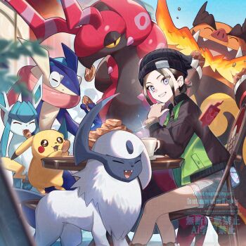 1girl absol beanie black_hat bracelet brown_hair chair commentary_request dated day emboar eyelashes food gen_1_pokemon gen_3_pokemon gen_4_pokemon gen_5_pokemon gen_6_pokemon glaceon green_jacket greninja grin harmony_(pokemon) hat jacket jewelry long_sleeves looking_to_the_side ninahachi nintendo outdoors pikachu pokemon pokemon_(creature) pokemon_legends:_z-a scolipede shorts sidelocks sitting smile table teeth twitter_username watermark