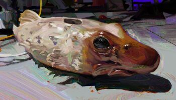 animal_focus close-up empty_eyes fish highres no_humans original painterly puffer_fish shadow twulfs