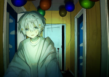 Rule 34 | 1boy, absurdres, balloon, blood, blood on face, blood on wall, blue eyes, ceiling, commentary, door, doorway, hair between eyes, hair ornament, hallway, highres, implied murder, indoors, jacket, male focus, open door, original, shirt, short hair, solo, star (symbol), star hair ornament, untranslatable commentary, white hair, white shirt, yuruku