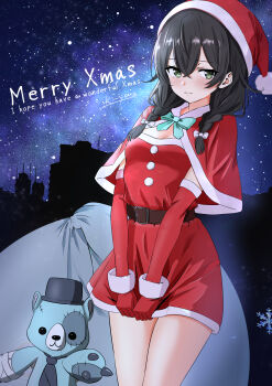 1girl belt black_belt black_hair blush bow braid breasts brown_belt capelet christmas cleavage closed_mouth cowboy_shot dress dress_tug elbow_gloves fur-trimmed_capelet fur-trimmed_dress fur-trimmed_gloves fur-trimmed_headwear fur_trim gloves green_eyes hair_between_eyes hanakuma_chifuyu hat highres k-yous long_hair looking_at_viewer merry_christmas night night_sky outdoors red_capelet red_dress red_gloves sack santa_costume santa_hat short_dress sky small_breasts solo standing star_(sky) starry_sky stuffed_animal stuffed_toy synthesizer_v teddy_bear twin_braids