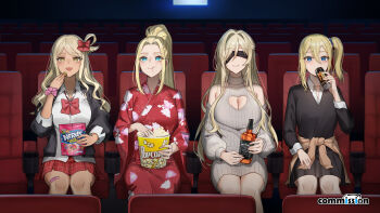 Rule 34 | 4girls, :t, aharen-san wa hakarenai, alcohol, bandaid on leg, bandaid on thigh, beatrix amerhauser, black sweater vest, blindfold, blonde hair, blue eyes, blue scrunchie, bow, breasts, brown sweater, candy, cleavage, cleavage cutout, clothes around waist, clothing cutout, collared shirt, covered eyes, double-parted bangs, drinking, eating, energy drink, floral print, floral print kimono, food, goblin slayer!, hair between eyes, hair ornament, hair scrunchie, hayasaka ai, heart cutout, helandyck, high ponytail, highres, holding, holding candy, holding food, jack daniel's, japanese clothes, kaguya-sama wa kokurasetai ~tensai-tachi no renai zunousen~, kimono, large breasts, light smile, long hair, medium breasts, medium hair, movie theater, multiple girls, nerds (candy), pink bow, ponytail, popcorn, print kimono, red bow, red kimono, red skirt, school uniform, scrunchie, shirt, shoulder cutout, side ponytail, sitting, skirt, sweater, sweater around waist, sweater vest, sword maiden, tamanaha riku, theater seating, whiskey, white shirt, yellow eyes, zom 100: zombie ni naru made ni shitai 100 no koto