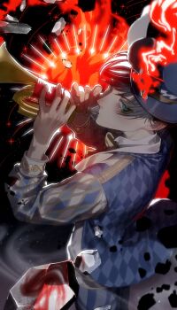 1boy absurdres animal_ears animal_hat black_background blue_eyes blue_hat blue_jacket blue_pants character_request copyright_request fake_animal_ears fire from_side grey_hair hat highres holding holding_instrument holding_trumpet instrument jacket long_sleeves looking_at_viewer male_focus mau_sakura music pants playing_instrument rabbit_ears rabbit_hat rock shards shirt short_hair smoke solo trumpet