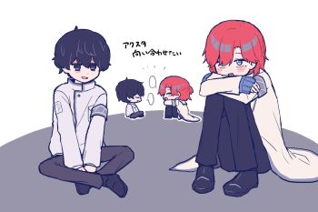 Rule 34 | 2boys, :d, armband, black pants, black shoes, blue eyes, blush, coat, commentary request, crossed arms, grey armband, grey pants, highres, hyoutenka 30-do no zetsubou, indian style, jacket, knees up, kuchinashi dabi, male focus, mole, mole under eye, multiple boys, multiple views, okudo (okudo61), open mouth, pants, red hair, sharp teeth, shoes, sitting, smile, teeth, tonimura yui, translation request, v arms, white coat, white jacket