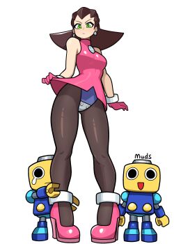 1girl absurdres artist_name breasts brown_hair brown_pantyhose closed_mouth earrings full_body gloves green_eyes high_heels highres jewelry medium_breasts mega_man_(series) mega_man_legends_(series) muds pantyhose pink_gloves pink_shoes robot servbot_(mega_man) shiny_clothes shoes short_hair simple_background skull_earrings sleeveless solo tron_bonne_(mega_man) white_background