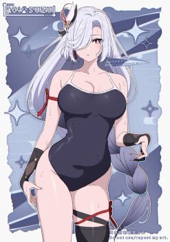1girl alternate_costume aoi_suzu black_one-piece_swimsuit braid breasts commentary_request covered_navel genshin_impact grey_background grey_eyes grey_hair highres large_breasts long_hair looking_at_viewer low-braided_long_hair low-tied_long_hair one-piece_swimsuit parted_lips shenhe_(genshin_impact) single_thighhigh solo swimsuit thighhighs wet