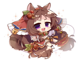 Rule 34 | 1girl, :3, :d, acorn hair ornament, animal ears, bell, blush, brown hair, brown shoes, brown shorts, chibi, chibi only, commentary request, crop top, full body, headscarf, highres, jingle bell, long hair, looking at viewer, midriff, misosiru 0224, navel, open mouth, princess connect!, purple eyes, red headscarf, rin (princess connect!), shoes, shorts, simple background, smile, socks, solo, squirrel ears, squirrel girl, squirrel tail, tail, white background, white socks