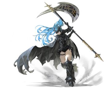 1girl absurdres armor armored_boots arowana2111 axe battle_axe belt black_armor black_belt black_boots black_cape black_eyes black_leotard blue_hair boots cape commentary couter english_commentary full_body gauntlets hands_up highres huge_weapon knee_boots leg_up leotard leotard_under_clothes long_hair looking_to_the_side original pauldrons ponytail rerebrace shadow shoulder_armor solo standing standing_on_one_leg thigh_belt thigh_strap vambraces weapon white_background