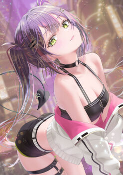 1girl absurdres bare_shoulders black_shorts black_tank_top breasts choker crop_top demon_girl demon_tail ear_piercing green_eyes highres hololive jacket jacket_partially_removed long_hair looking_at_viewer multicolored_hair nanaki24 o-ring o-ring_choker piercing pink_hair purple_hair shorts smile solo streaked_hair tail tail_ornament tail_piercing tank_top thigh_strap tokoyami_towa tokoyami_towa_(1st_costume) twintails virtual_youtuber white_jacket