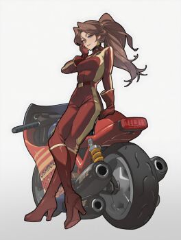 1girl 2025 20s biker_clothes blue_eyes bodysuit breasts brown_hair daniel_deng earrings eyeshadow gold_earrings jewelry long_hair looking_at_viewer mach_rocket_(mario) makeup mario_(series) mario_kart mario_kart_world medium_breasts motor_vehicle motorcycle nintendo open_mouth pauline_(aero)_(mario) pauline_(mario) ponytail purple_eyeshadow red_bodysuit red_lips smile solo tagme thighs