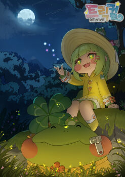 Rule 34 | 1girl, :3, absurdres, blunt bangs, boots, braid, braided ponytail, bright pupils, brown hat, bug, clover, firefly, flower, four-leaf clover, frog, frog on head, full body, full moon, grass, green eyes, green hair, hair ornament, hairclip, hape, hat, hat flower, highres, insect, long hair, long sleeves, moon, night, open mouth, outdoors, parallel hairclips, pink flower, raincoat, ribbon-trimmed sleeves, ribbon trim, rubber boots, shooting star, sitting, smile, solo, sparkle, star (sky), sun hat, tree, trickcal, ui (trickcal), very long hair, yellow boots, yellow raincoat, zipper pull tab