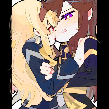 2girls absurdres blonde_hair blue_jacket blush bright_pupils brown_hair brown_hairband commentary epaulettes hair_ornament hairband hairclip hand_on_another&#039;s_shoulder highres jacket long_sleeves multiple_girls open_mouth parted_lips pillarboxed purple_eyes red_eyes saijou_claudine shoujo_kageki_revue_starlight stuck_in_a_box tassel tendou_maya upper_body white_pupils ydpfa yuri