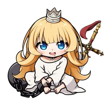 1girl ball_and_chain_restraint blonde_hair blue_eyes chain chibi collarbone commentary_request crown dress drooling eyebrows_hidden_by_hair full_body highres hime-sama_"goumon"_no_jikan_desu hime_(himesama_goumon) kuena long_hair long_sleeves looking_at_viewer mini_crown mouth_drool open_mouth simple_background sitting solo sword very_long_hair weapon white_background white_dress wide_sleeves