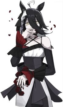 1girl ahoge amoncheeto animal_ears bare_shoulders black_bow black_choker black_hair black_ribbon black_sleeves bow choker collarbone commentary covering_own_mouth detached_sleeves dress dress_flower ear_ornament english_commentary falling_petals flower grey_veil hair_between_eyes hair_ribbon hand_up highres horse_ears horse_girl lace-trimmed_choker lace_trim long_bangs long_hair long_sleeves looking_at_viewer manhattan_cafe_(mysterious_rose)_(umamusume) manhattan_cafe_(umamusume) multicolored_hair nail_polish official_alternate_costume official_alternate_hairstyle petals red_flower red_nails red_petals red_rose ribbon rose short_hair simple_background solo umamusume veil waist_bow white_background white_dress white_ribbon yellow_eyes