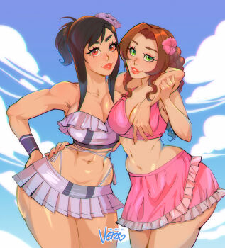 2girls aerith_gainsborough aerith_gainsborough_(pink_mermaid) arm_around_shoulder artist_name bikini bikini_skirt black_hair blue_sky braid braided_ponytail breasts brown_hair commentary cowboy_shot english_commentary final_fantasy final_fantasy_vii final_fantasy_vii_rebirth final_fantasy_vii_remake flower green_eyes hair_flower hair_ornament hand_on_another's_hip highres large_breasts multiple_girls navel official_alternate_costume ponytail red_eyes signature sky swimsuit tifa_lockhart tifa_lockhart_(shining_spirit) vero