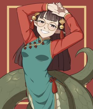 1girl arms_up artist_self-insert bell blunt_bangs breasts bright_pupils brown_eyes brown_hair china_dress chinese_clothes dress glasses green_dress grin hair_bell hair_ornament highres lamia long_hair looking_at_viewer mole mole_above_mouth monster_girl monsterification original pointy_ears realda_(vibrantrida) red_background round_eyewear small_breasts smile solo teeth vibrantrida white_pupils yellow-framed_eyewear