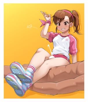 1girl bloomers breasts brown_eyes brown_hair censored cum ejaculation futami_mami girl_on_top grin highres idolmaster idolmaster_million_live! idolmaster_million_live!_theater_days kim_da-yoon loli naughty_face side_ponytail small_breasts smile thigh_sex underwear v