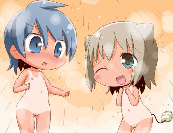 2girls animal_ears blue_eyes blue_hair blush brown_hair chibi cleft_of_venus flat_chest gerotan green_eyes multiple_girls navel nipples nude one_eye_closed open_mouth original plug pussy short_hair smile tail tan tanline uncensored wink