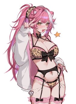 1girl alternate_costume animal_ears animal_print black_garter_belt blush bra breasts center-flap_bangs cleavage commentary cowboy_shot double-parted_bangs evangellium extra_ears fang fingernails frilled_bra frilled_panties frilled_straps frilled_thigh_strap frills garter_belt garter_straps gyaru hair_ornament hair_scrunchie highleg highleg_panties highres hololive hololive_english jacket large_breasts leopard_print leopard_print_bra leopard_print_panties long_fingernails long_hair looking_at_viewer multicolored_hair nail_polish navel navel_piercing off_shoulder panther_ears panther_tail panties piercing pink_hair ponytail print_bra print_panties purple_nails raora_panthera scrunchie sharp_fingernails sidelocks simple_background single_bare_shoulder single_horizontal_stripe skin_fang solo streaked_hair sweat tail thigh_strap thong underwear very_long_hair very_sweaty virtual_youtuber white_background white_jacket white_streaks yellow_eyes