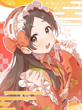 Rule 34 | 1girl, asa no ha (pattern), blush, bow, brown eyes, brown hair, commentary, egasumi, frilled hairband, frilled kimono, frills, gakuen idolmaster, hairband, highres, idolmaster, japanese clothes, kimono, kuramoto china, long hair, long sleeves, looking at viewer, open mouth, orange bow, orange kimono, parted bangs, solo, teeth, uminokaisen, upper teeth only