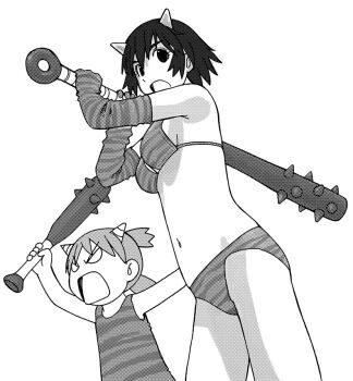 Rule 34 | 2girls, :o, age difference, animal print, arms up, ayase fuuka, azuma kiyohiko, bare shoulders, bikini, bob cut, breasts, club, club (weapon), commentary, cowboy shot, demon horns, dress, elbow gloves, flat chest, from below, from side, gloves, greyscale, hair between eyes, halftone, height difference, holding, holding club, holding weapon, horns, koiwai yotsuba, looking ahead, looking at viewer, medium breasts, midriff, monochrome, multiple girls, navel, official art, oni costume, open mouth, over shoulder, quad tails, short hair, shouting, side-by-side, simple background, sleeveless, sleeveless dress, spiked club, striped bikini, striped clothes, swimsuit, v-shaped eyebrows, v-shaped eyes, weapon, weapon over shoulder, white background, yotsubato!