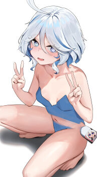 1girl @_@ absurdres blue_eyes blue_hair blush cowlick double_v eraser eyelash_ornament furina_(genshin_impact) genshin_impact highres multicolored_hair navel skai_kun streaked_hair sweat v white_hair