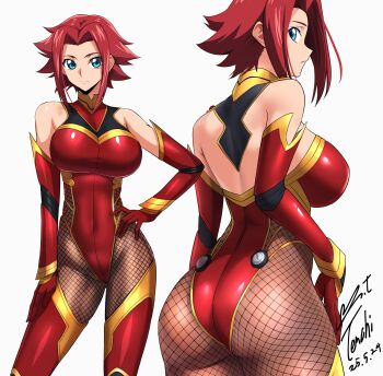 1girl artist_name ass blue_eyes breasts code_geass dated fishnet_pantyhose fishnets hand_on_own_hip highres kouzuki_kallen large_breasts medium_hair pantyhose parted_bangs pilot red_hair simple_background white_background yoo_tenchi
