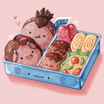 :t abbey_and_bear avatar:_the_last_airbender avatar_legends black_eyes blush_stickers box brown_hair character-themed_food closed_mouth commentary english_commentary food food_focus grey_eyes heart katara meatball no_humans notice_lines open_mouth pink_background shadow short_hair smile sokka solid_circle_eyes