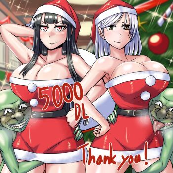 2boys 2girls banamei black_hair blush breasts christmas christmas_tree commentary_request dress goblin goblin_conqueror groping hat highres kaname_(banamei) large_breasts light_smile long_hair looking_at_viewer milestone_celebration monster multiple_boys multiple_girls official_art pencil_dress red_eyes santa_costume santa_hat smile