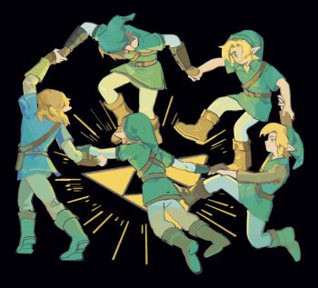 5boys belt belt_pouch black_background blonde_hair blue_eyes blue_tunic boots brown_belt brown_boots brown_gloves brown_shirt chest_belt closed_mouth commentary curtained_hair gloves green_hat green_tunic hat highres holding_hands leggings link long_pointy_ears long_sleeves male_focus multiple_boys nintendo pointy_ears pouch shirt sumisakana the_legend_of_zelda the_legend_of_zelda:_a_link_to_the_past the_legend_of_zelda:_breath_of_the_wild the_legend_of_zelda:_majora&#039;s_mask the_legend_of_zelda:_ocarina_of_time triforce tunic white_leggings young_link