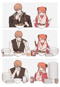 1boy 1girl brown_hair bun_cover china_dress chinese_clothes commentary_request couple double_bun dress eating food gintama hadanugi_dousa hair_bun highres hyoci01 kagura_(gintama) korean_commentary okita_sougo open_kimono plate shinsengumi_(gintama)