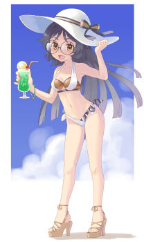 1girl bikini black_hair blue_sky blunt_ends breasts brown_eyes brown_shoes cherry cleavage cloud commentary_request drink food fruit full_body glasses gradient_hair hat heian_maru_(kancolle) heian_maru_(swimsuit)_(kancolle) highres ice_cream ice_cream_float kantai_collection katahira_masashi leaning_forward medium_breasts multicolored_bikini multicolored_hair open-toe_shoes round_eyewear shoes side-tie_bikini_bottom sky smile solo standing strappy_heels sun_hat swimsuit two-tone_bikini white_hat